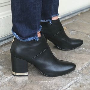 Black Leather Block Heel Gold Accent Ankle Booties